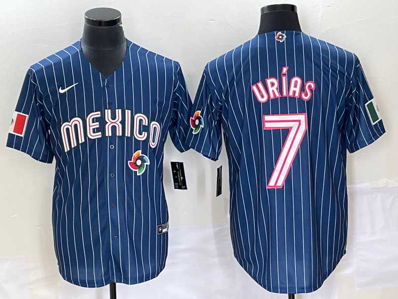 Mens Mexico Baseball #7 Julio Urias Navy Blue Pinstripe 2020 World Series Cool Base Nike Jersey 1